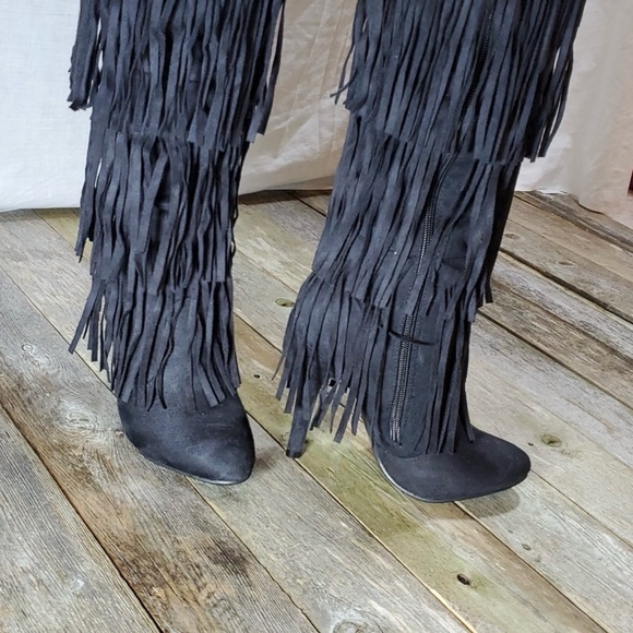Black 4 Layer Fringe Stiletto Over the Knee Boots Catwalk Sexy 6M NWOT - Picture 3 of 11